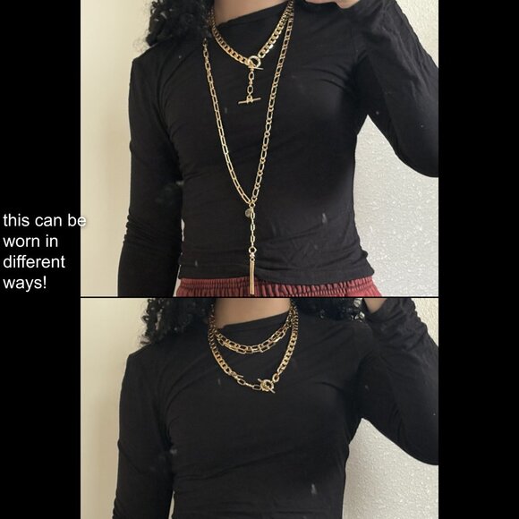 Gold Layered Chain Adjustable Choker Necklace O Ring T Bar - Picture 6 of 6